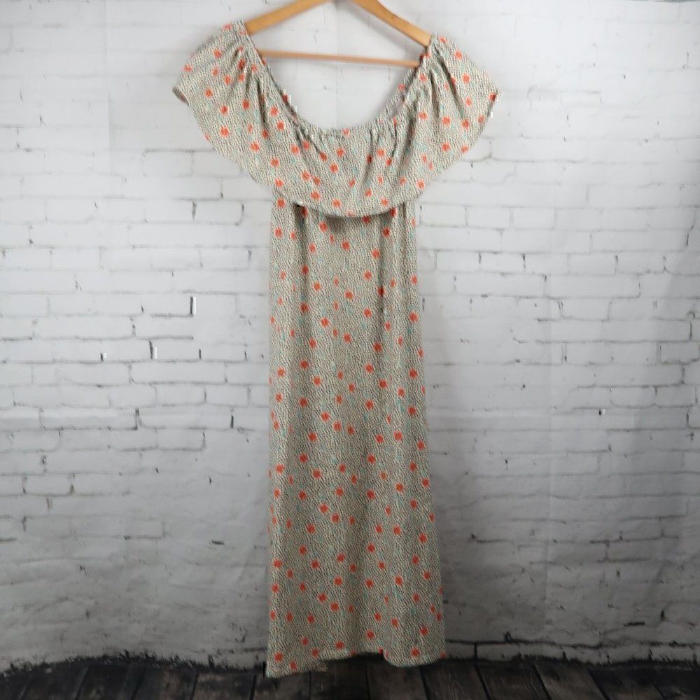 IVORY WITH ORANGE FLORAL OFF THE SHOULDER RUFFLE MIDI DRESS SIZE M